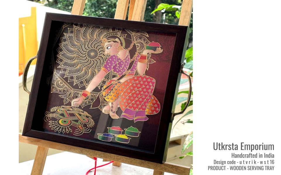 Wooden Tray Rangoli Gold Metal Outline Digital Print